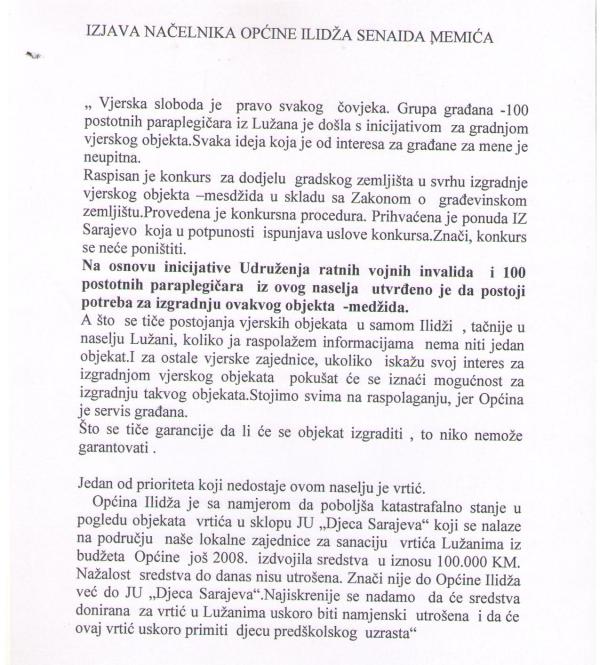 izjava načelnika Ilidže izjava načelnika Ilidže