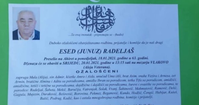 Na sarajevskom mezarju Vlakovo danas dženaza Esedu Radeljašu