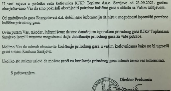 Dok Energoinvest tvrdi da se plasiraju laži, dopis 'Sarajevogasa' otkriva ko je kriv za nestanak plina u Toplanama-Sarajevo?