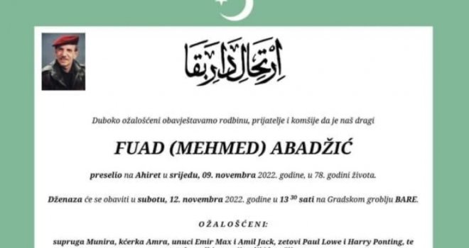 U Sarajevu preminuo ratni komandant Fuad Abadžić, u Americi mu prije nekoliko dana umrla kćerka