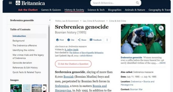 Enciklopedija Britannica ispravila riječ masakr u genocid u Srebrenici: 'Ozbiljno smo procijenili ovaj problem'