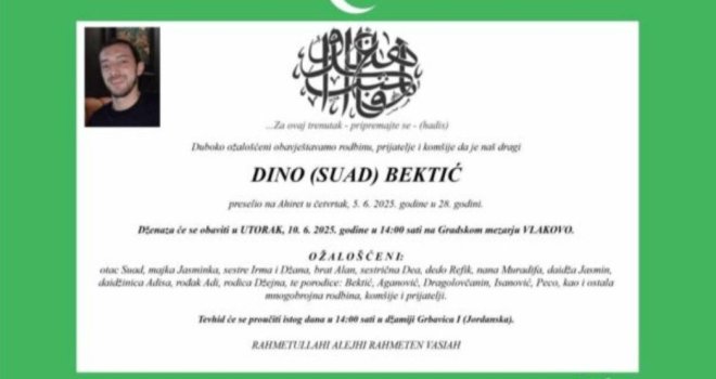 Poznat termin dženaze Dini Bektiću koji je napadnut u Sarajevu